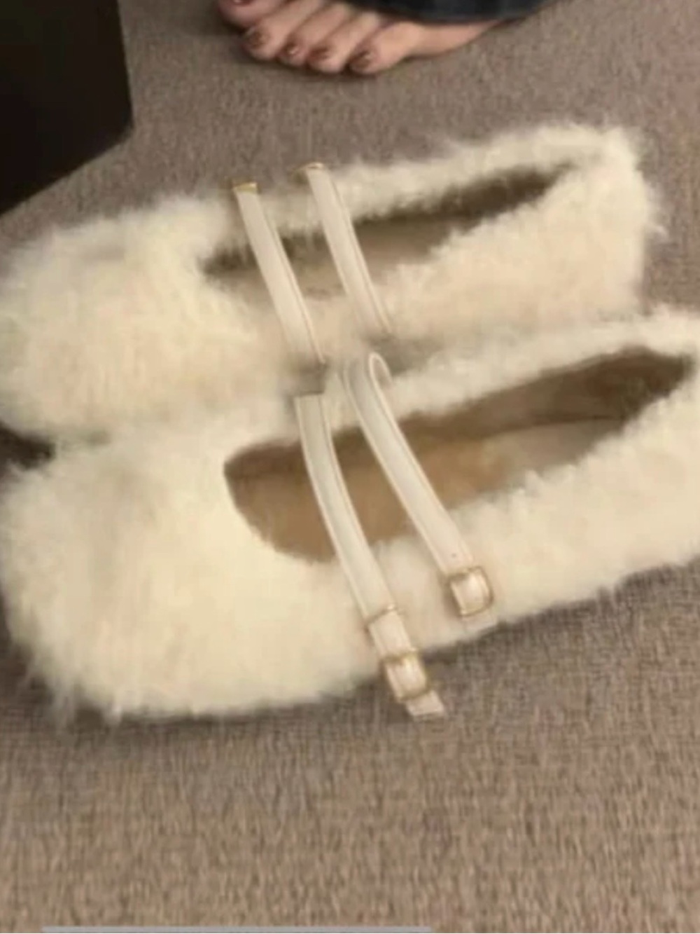 Women's Faux-Fur Mary Jane Flats in Cream